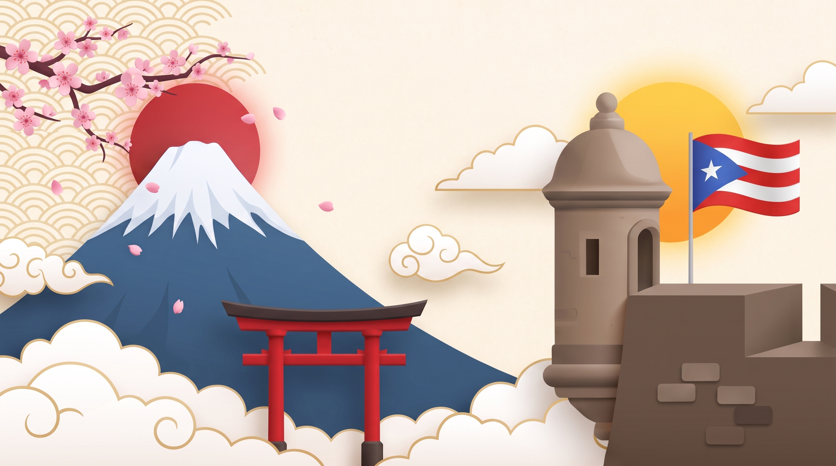 Paper-cut dawn scene: Mount Fuji, a red torii gate and clouds beside an El Morro garita and the Puerto Rican flag