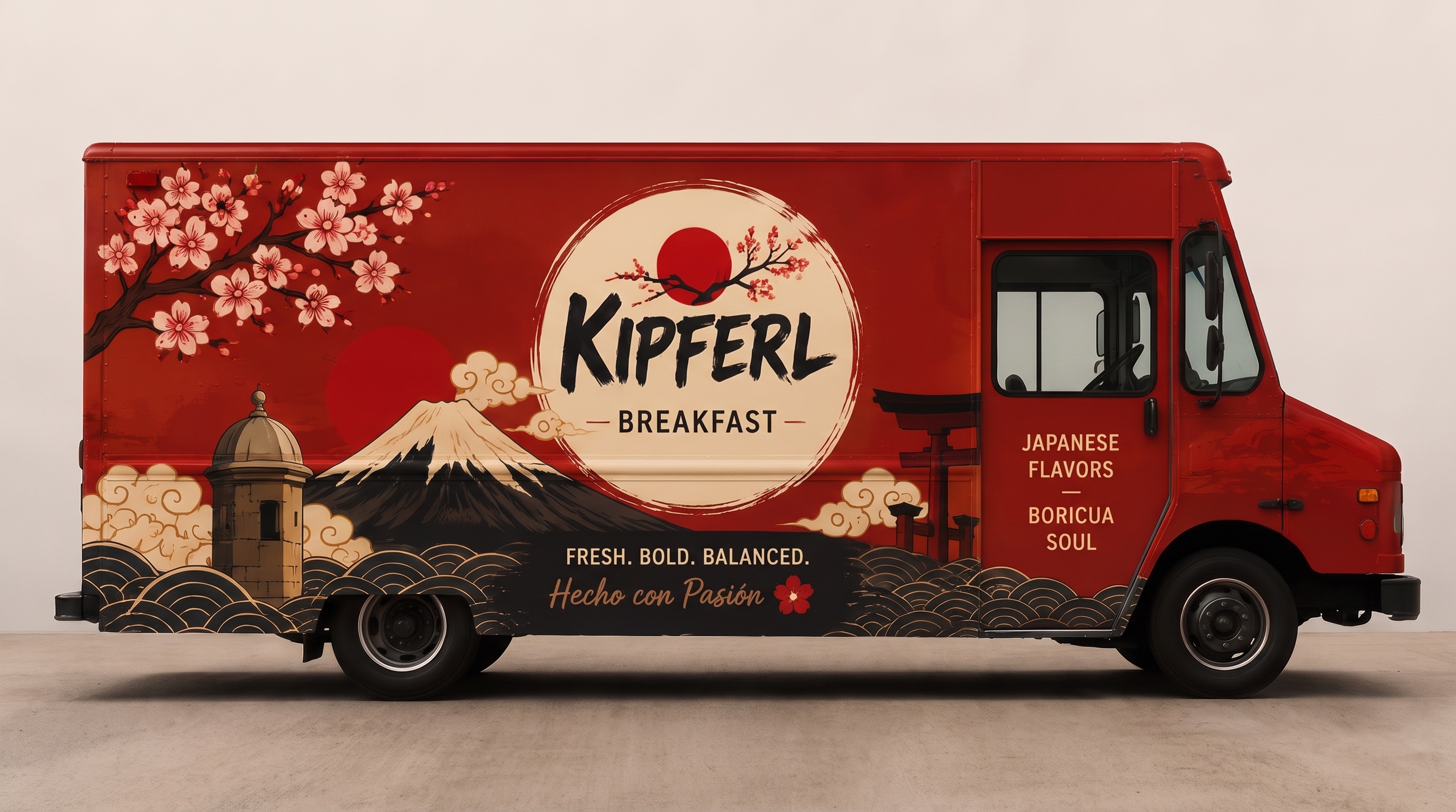 The Kipferl Breakfast food truck with its red, gold and cream Japanese-Puerto Rican wrap