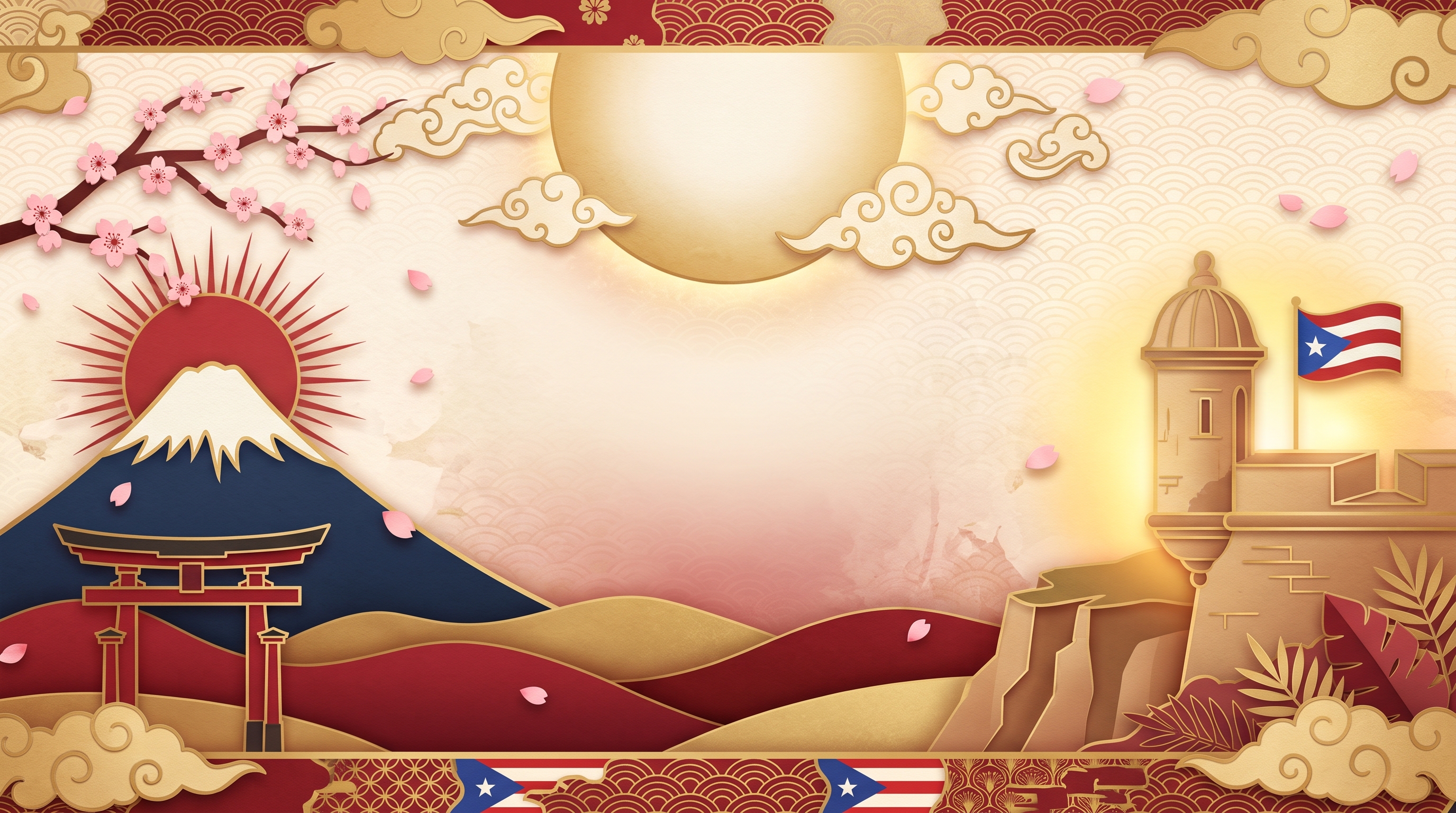 Paper-cut dawn scene: Mount Fuji, a red torii gate and clouds beside an El Morro garita and the Puerto Rican flag